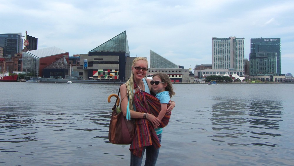 The Baltimore Aquarium is in those triangular buildings. We walked the Inner Harbor after lunch. Jax got a break with a hip carry in my ring sling.